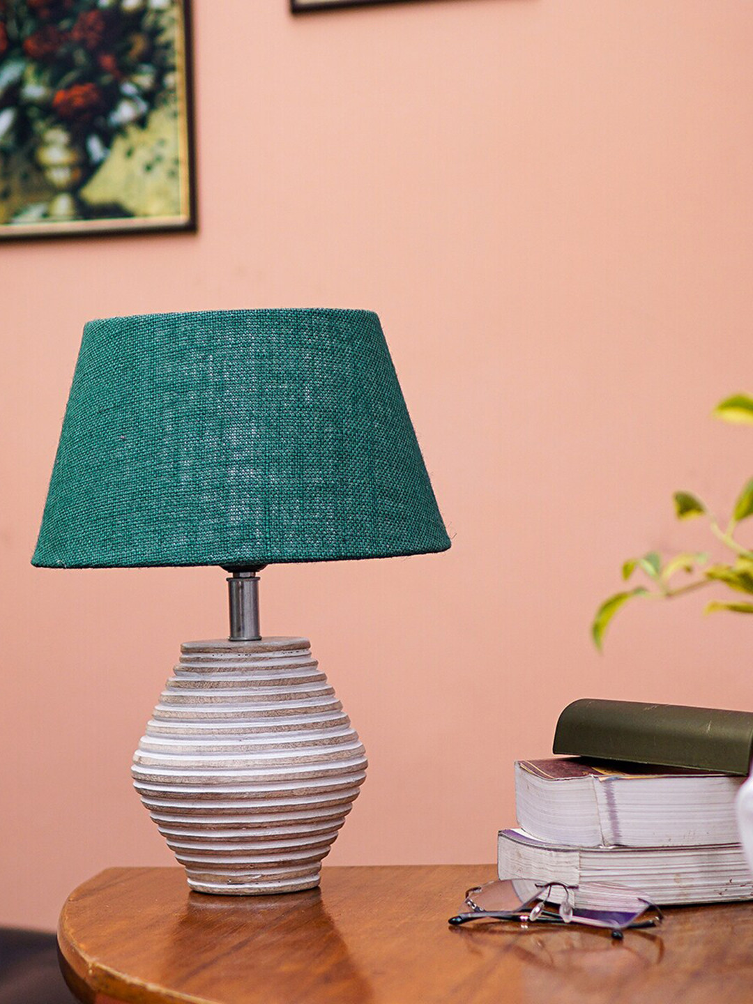 Pinecraft INTERNATIONAL Green Atury Table Lamp With Dark Frustum Shade