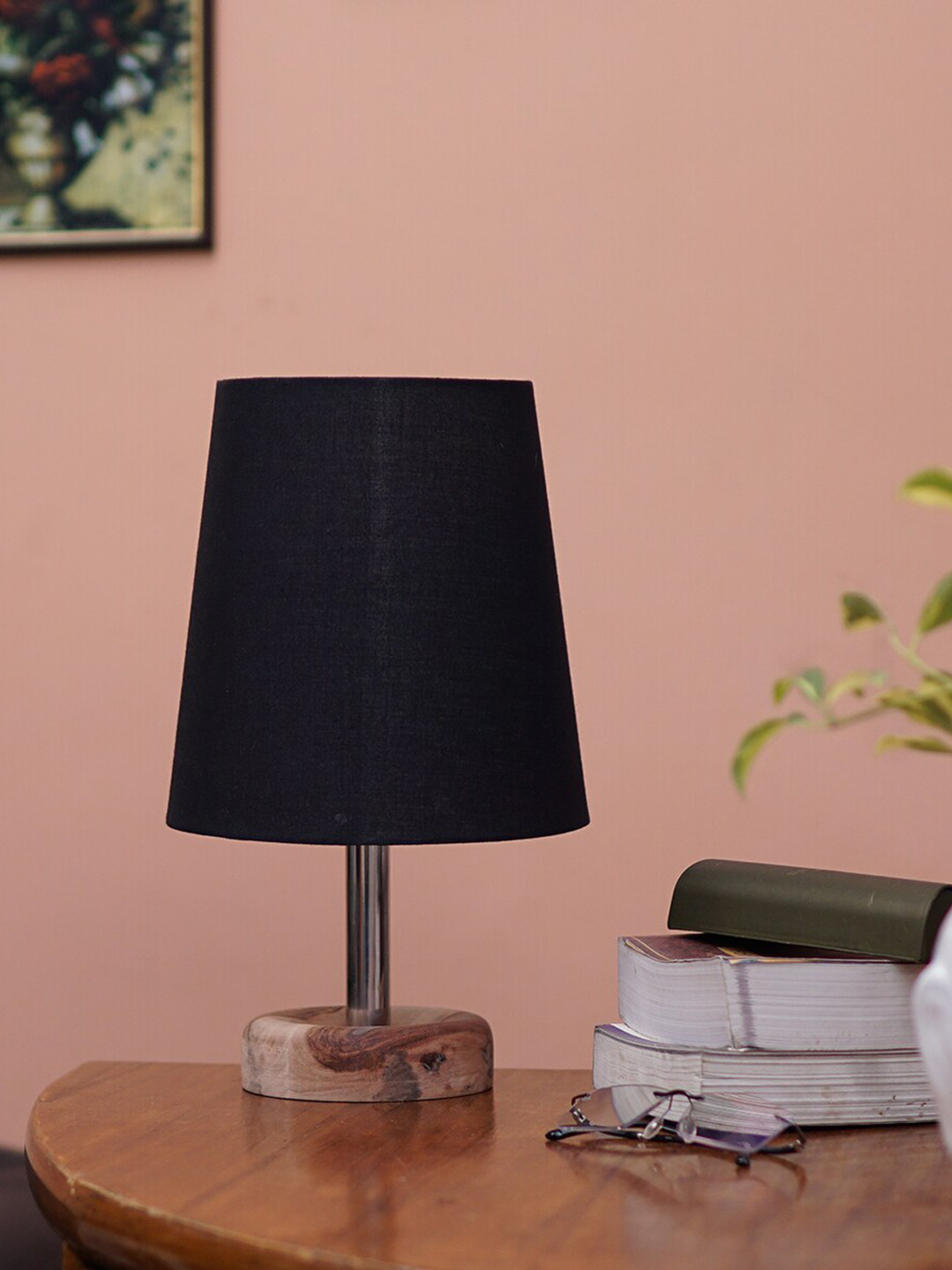 Pinecraft INTERNATIONAL Black Wooden Edra Table Lamp With Frustum Shade