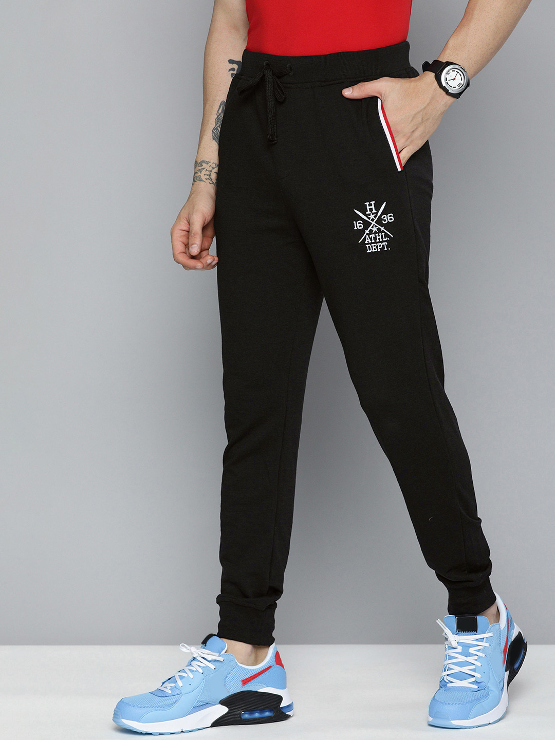 Harvard Men Black Brand Logo embroidered Mid Rise Casual Joggers