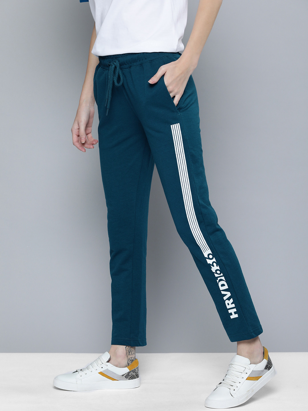 Harvard Men Teal Blue Brand Logo Printed Joggers