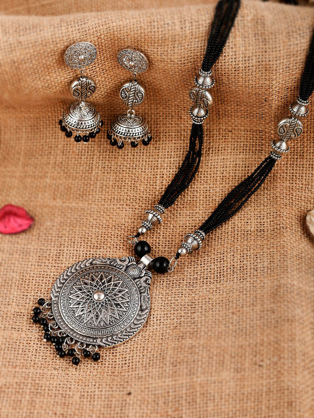 Shoshaa  Silver-Plated Oxidised Long Jewellery Set