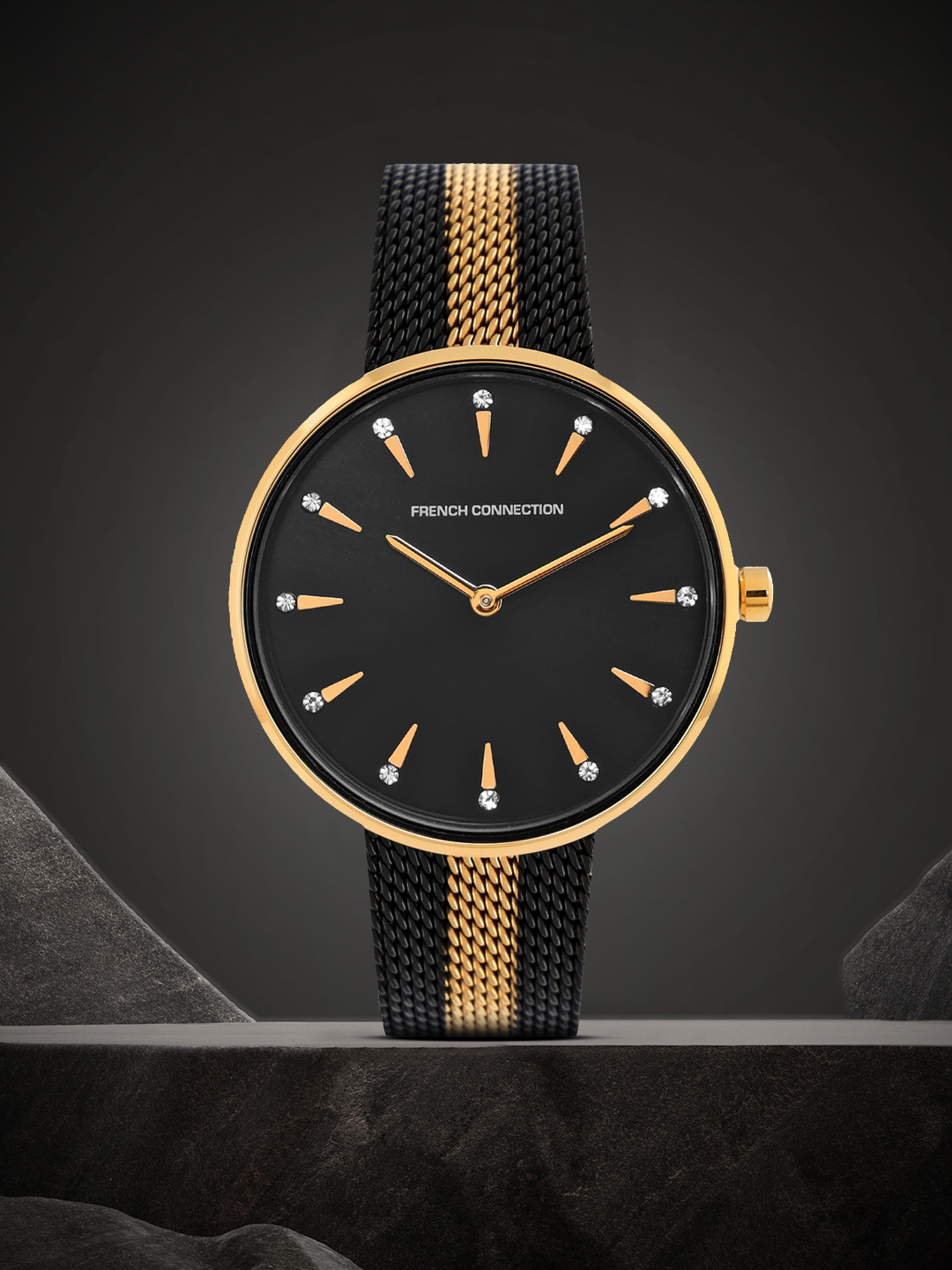 French Connection Women Black Embellished Dial & Black Stainless Steel Straps Analogue Watch FCL22-B