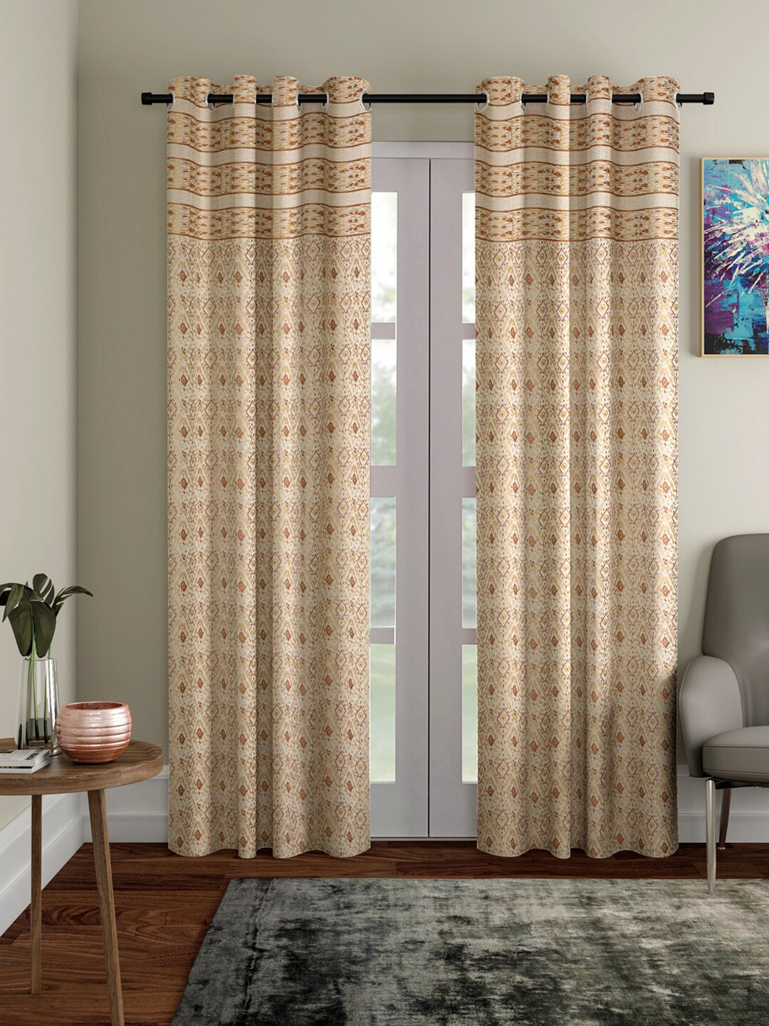 Rajasthan Decor Rust & Gold-Toned Set of 2 Floral Room Darkening Door Curtain