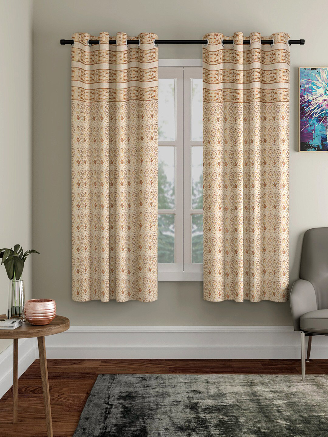 Rajasthan Decor Rust & Gold-Toned Set of 2 Floral Room Darkening Window Curtain