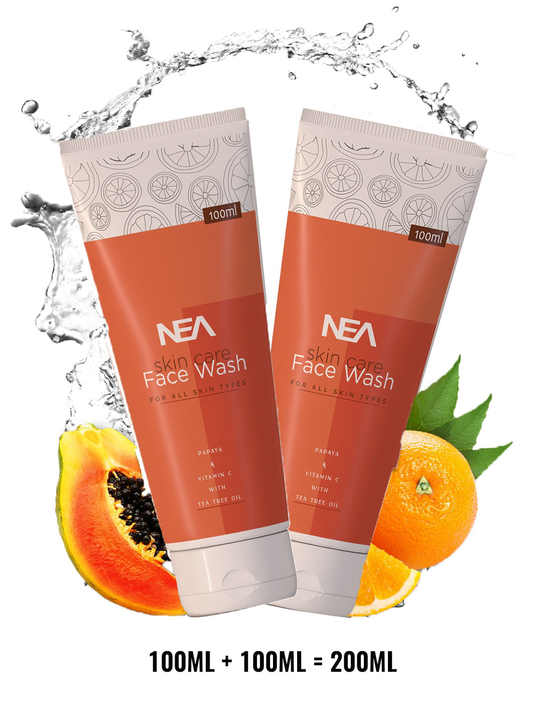 NEA Set of 2 Papaya Skin Care Face Wash with Vitamin C & Tea Tree Oil - 100 ml Each