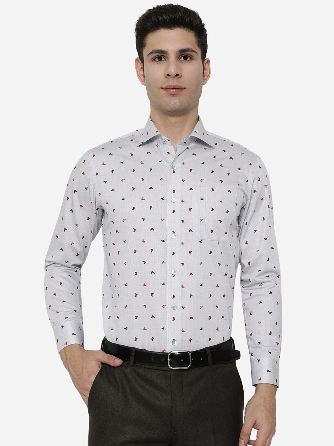 METAL Men Grey Slim Fit Printed Cotton Formal Shirt