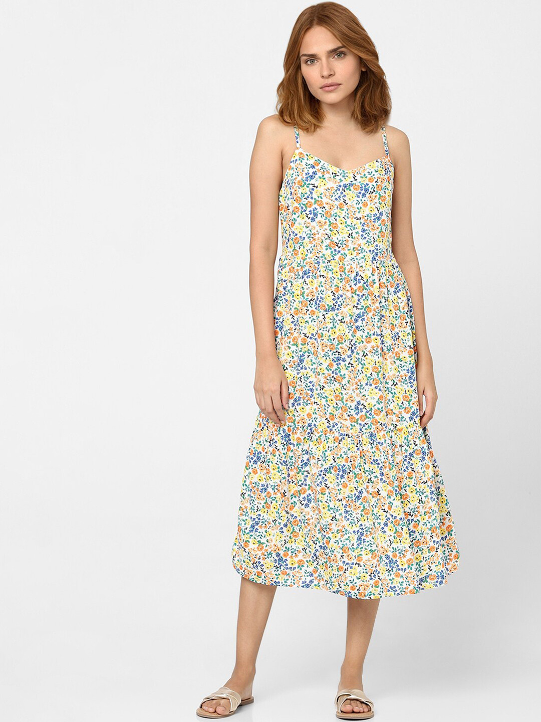 Vero Moda White Floral Rayon Midi Dress