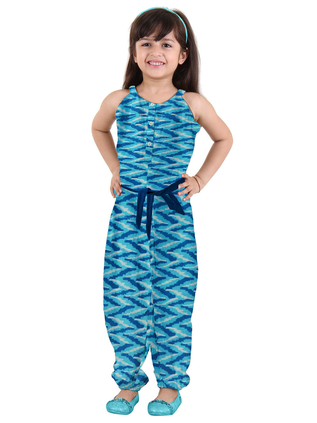 Kids On Board Girls Blue & Black Printed Basic Jumpsuit