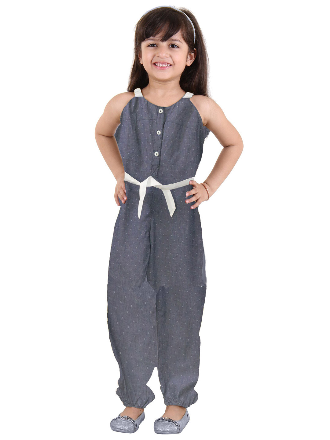 Kids On Board Girls Grey Printed Basic Jumpsuit