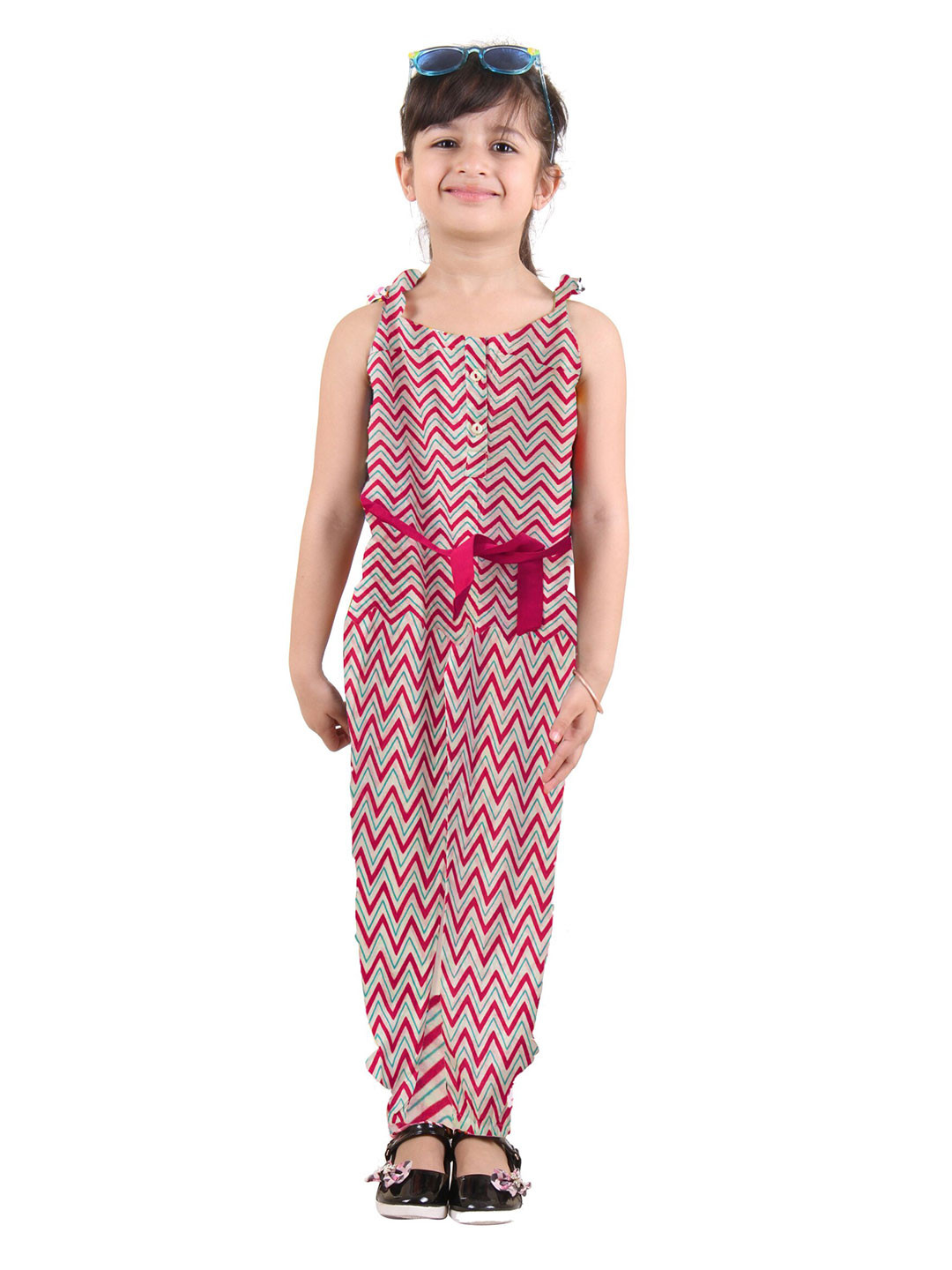Kids On Board Girls Pink & Green Chevron Printed Basic Jumpsuit