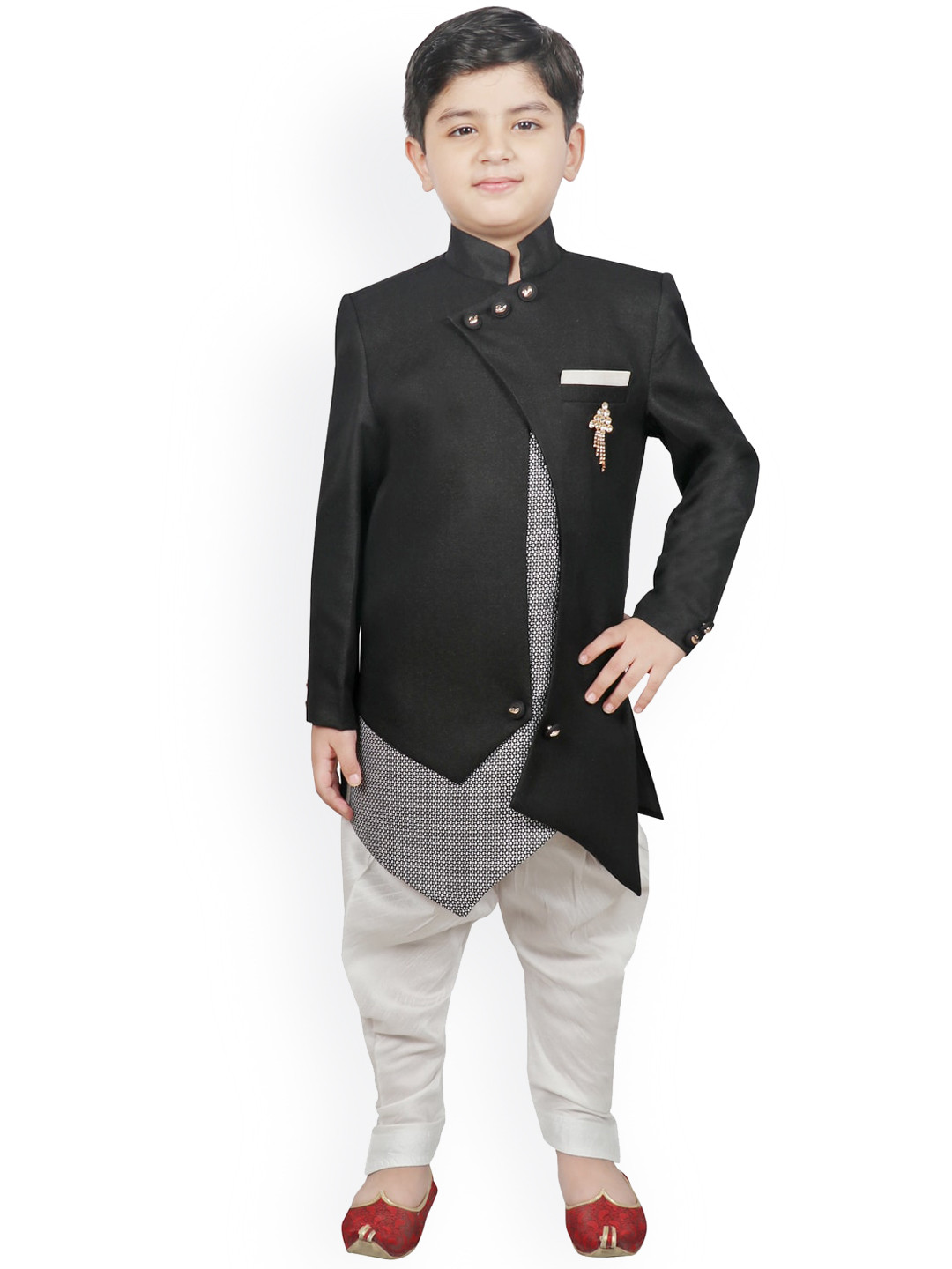 SG YUVRAJ Boys Black & White Solid Sherwani Set