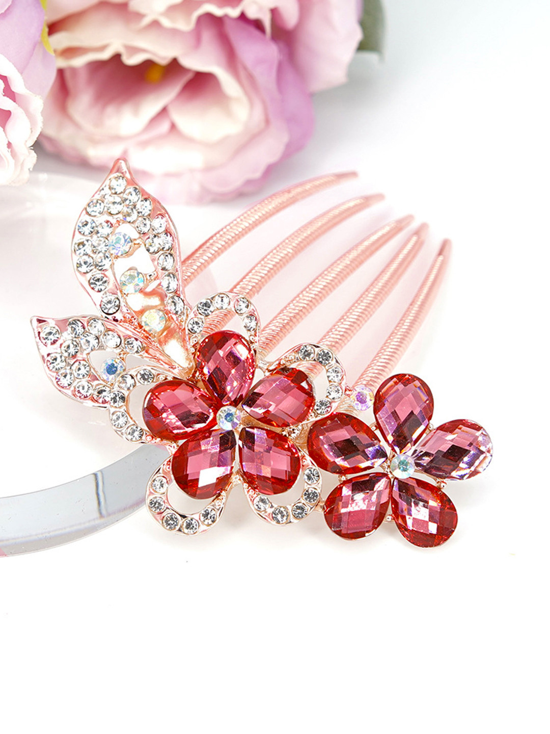 Yellow Chimes Rose Gold Plated Multicolor Floral Designed Hair Comb Pin