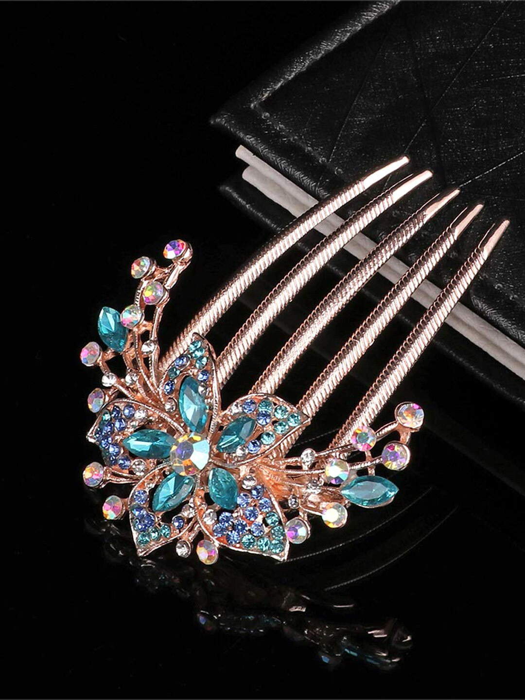 Yellow Chimes Women Blue Rose Gold Floral Designed Crystal Comb Pin