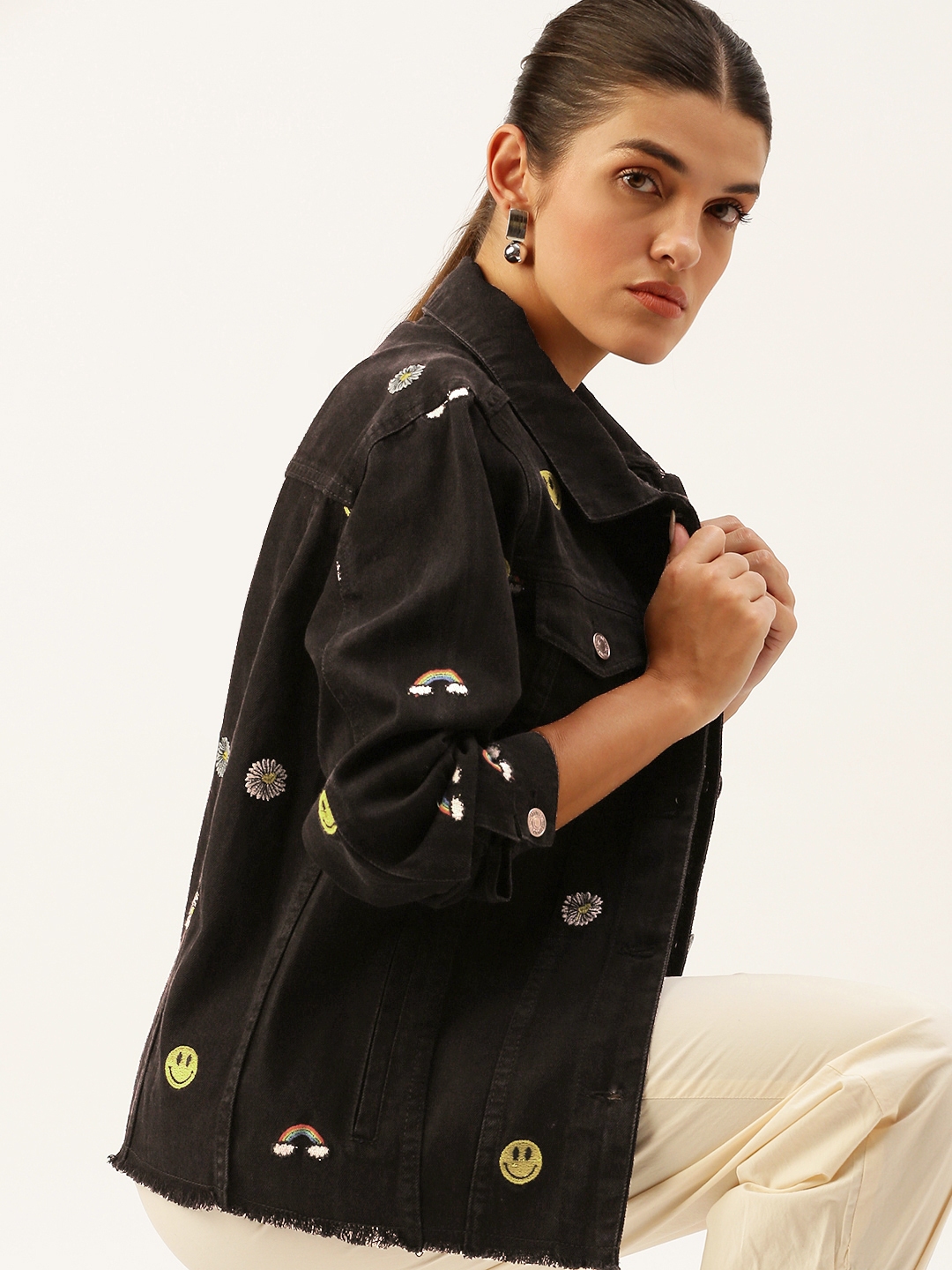 Black floral denim sales jacket