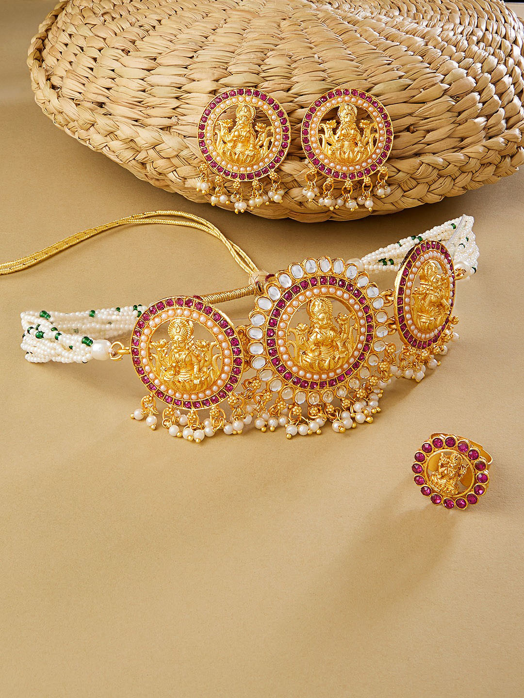 Zaveri Pearls Gold-Plated Pink Stone-Studded & White Pearl-Beaded Jewellery Set