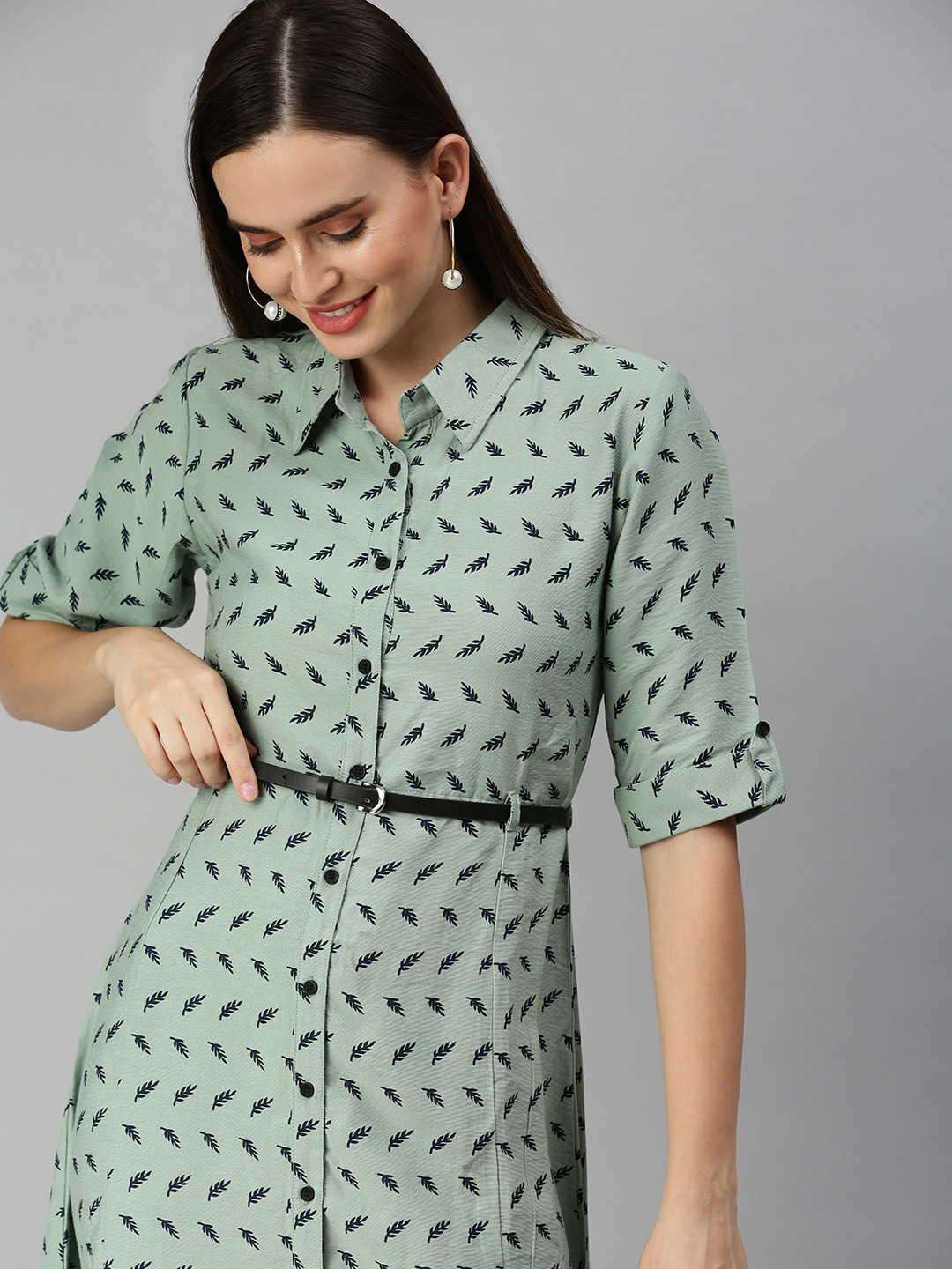 SHOWOFF Women Sage Green Cotton Abstract Print Shirt Dress