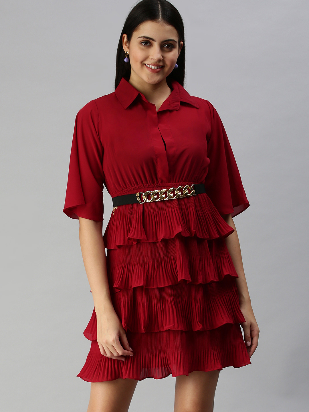 SHOWOFF Maroon Chiffon Fit and Flare Ruffled Dress