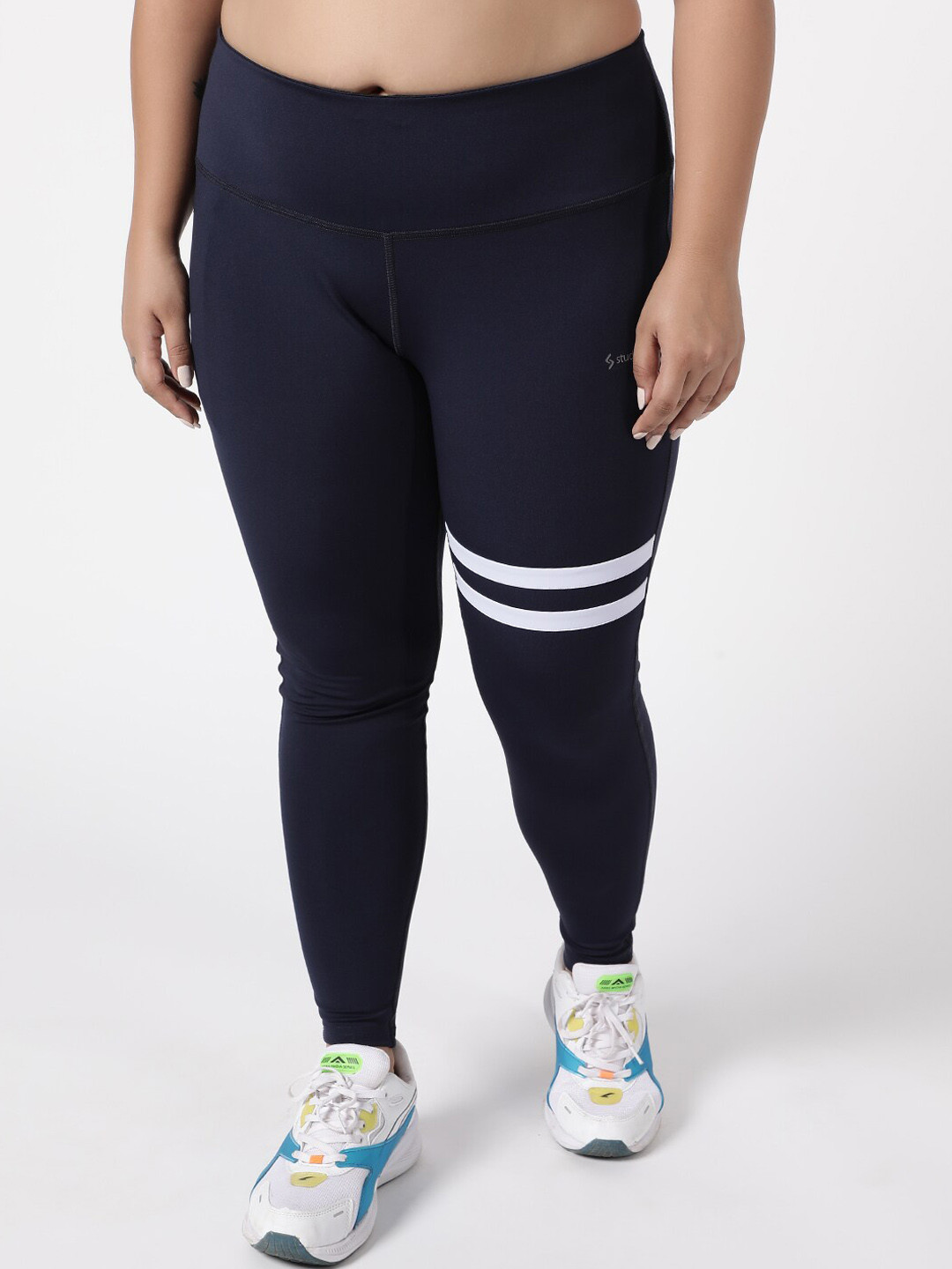 STUDIOACTIV Women Navy Blue & White Striped Plus Size Dry-Fit Sports Leggings