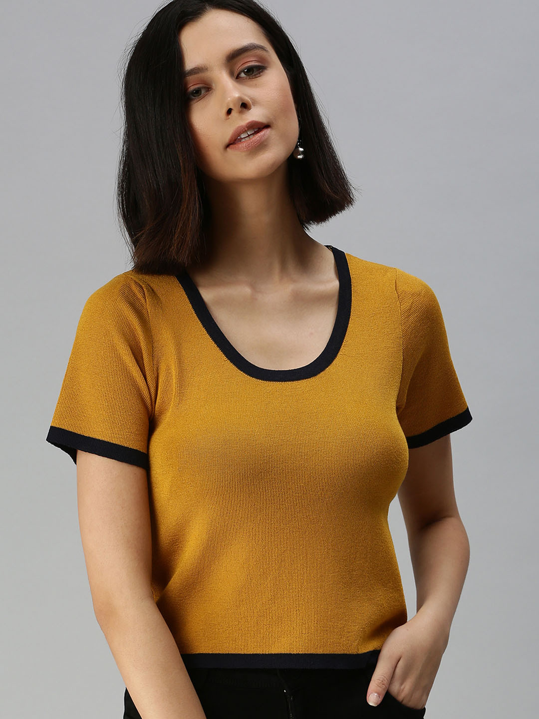 SHOWOFF Mustard Yellow Solid Scoop Neck Knitted Top