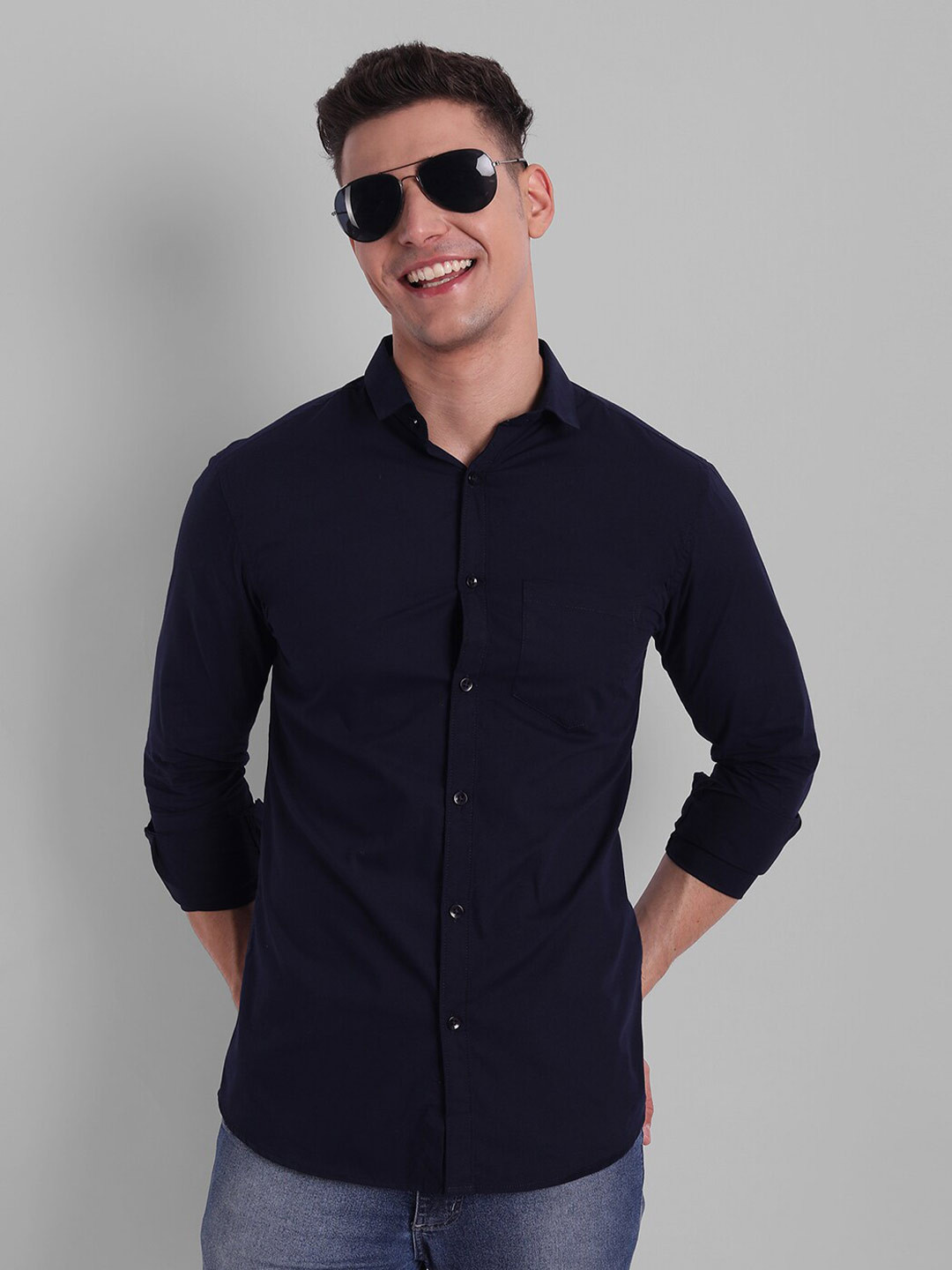 Majestic Man Navy Blue Comfort Slim Fit Pure Cotton Casual Shirt