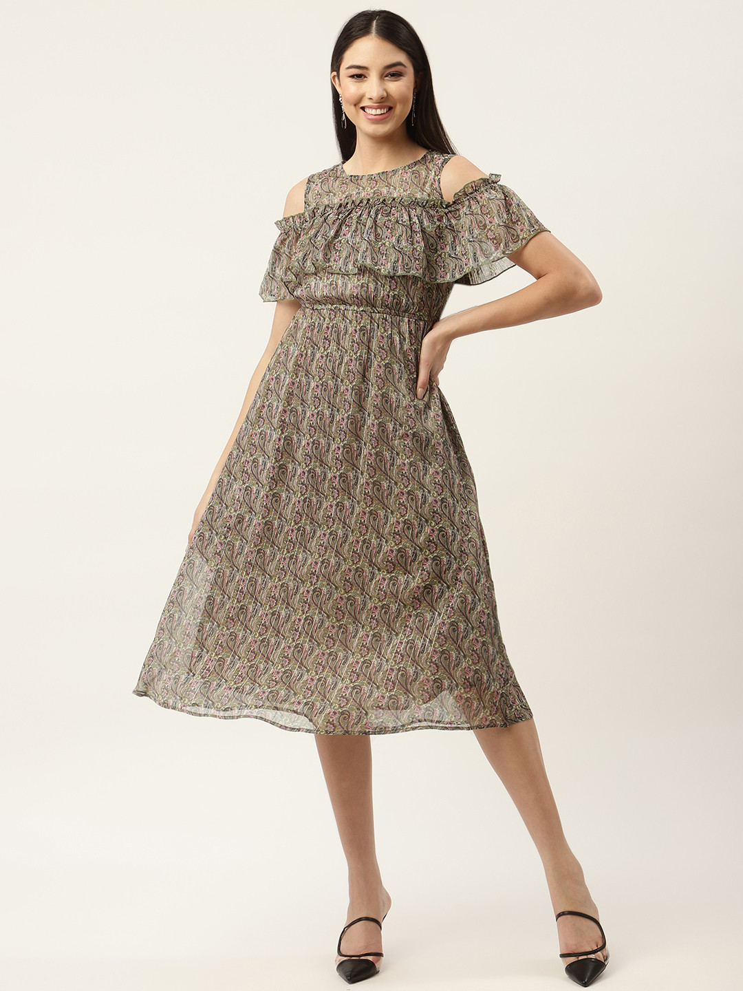 Slenor Taupe & Yellow Ethnic Motifs Chiffon A-Line Midi Dress