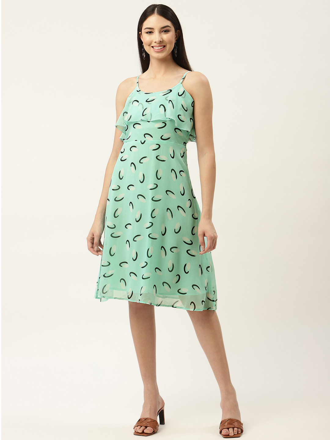 Slenor Sea Green Layered Chiffon A-Line Midi Dress
