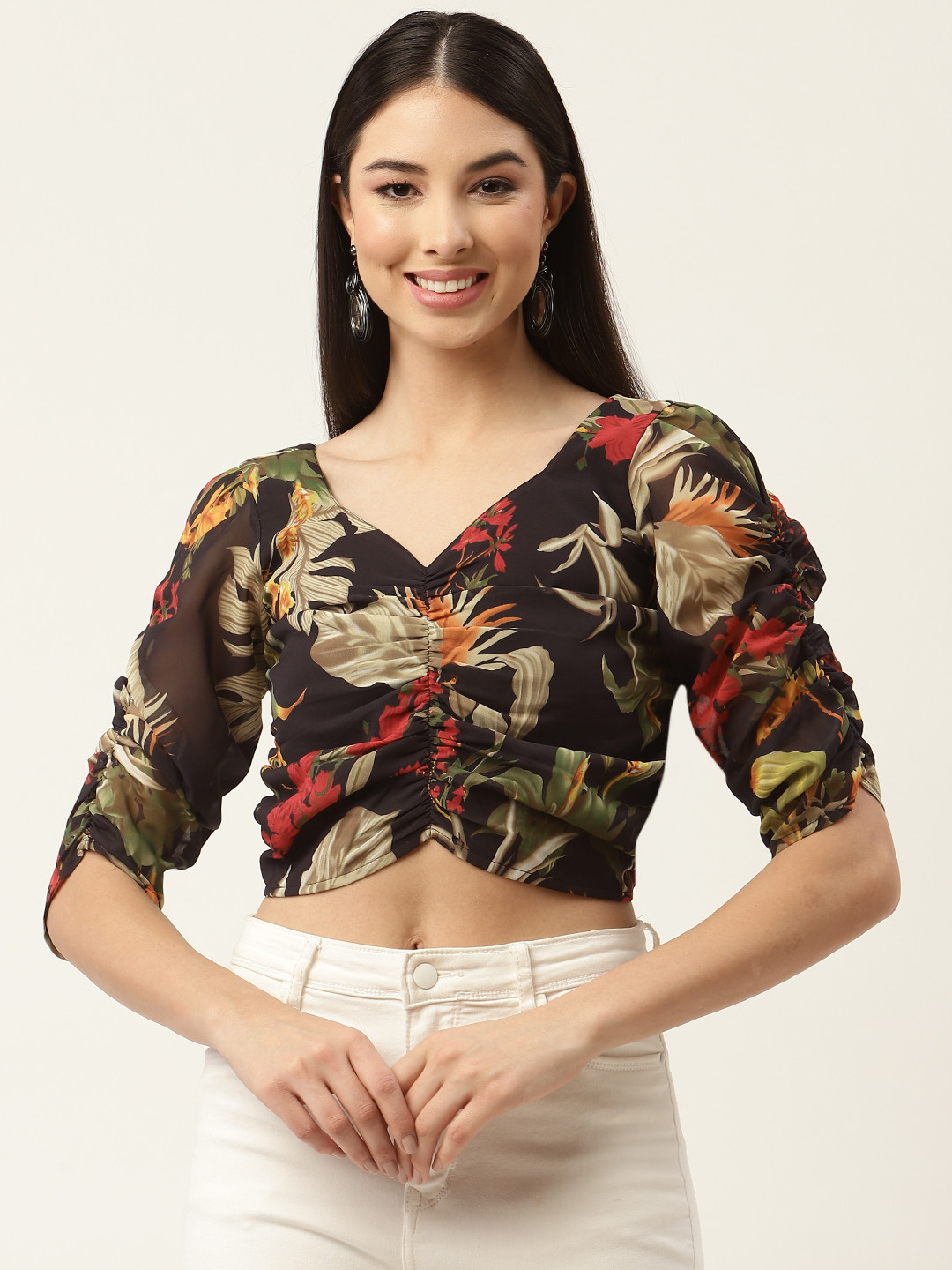 Slenor Black & Olive Green Floral Print Georgette Crop Top