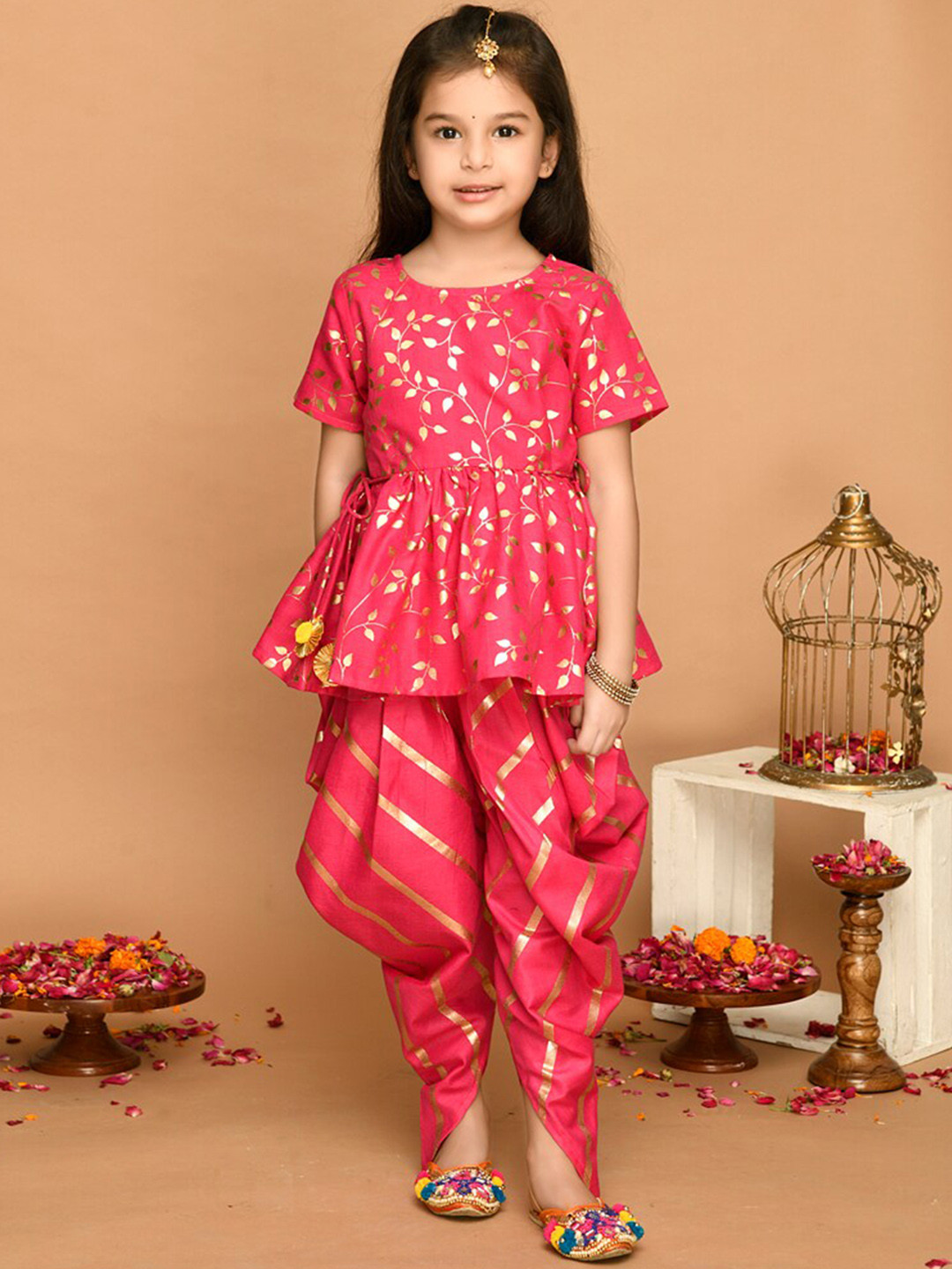 SAKA DESIGNS Girls Fuchsia Floral Printed Pleated Kurti with Dhoti Pants