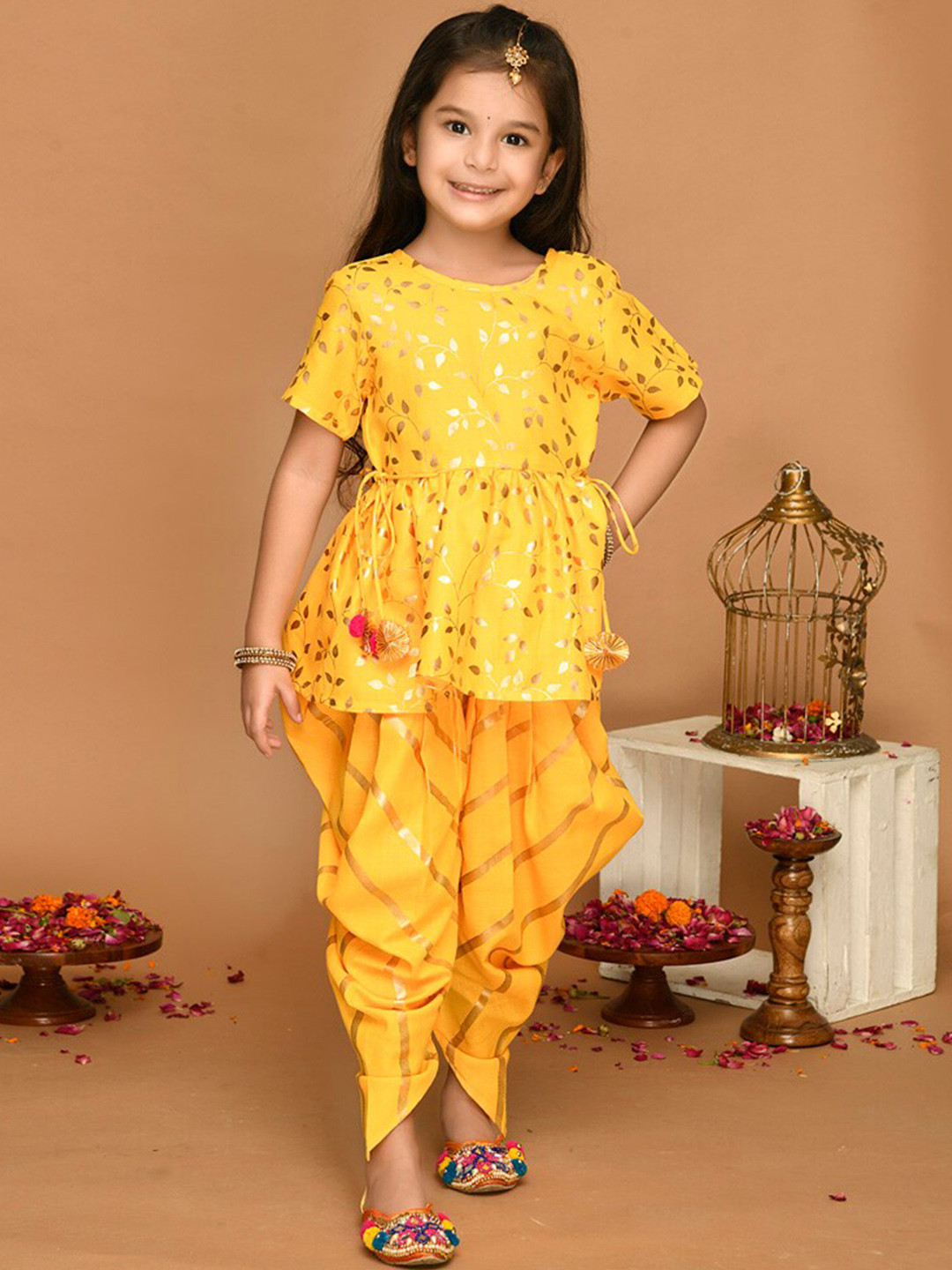 SAKA DESIGNS Girls Yellow Floral Printed Angrakha Top with Dhoti Pants