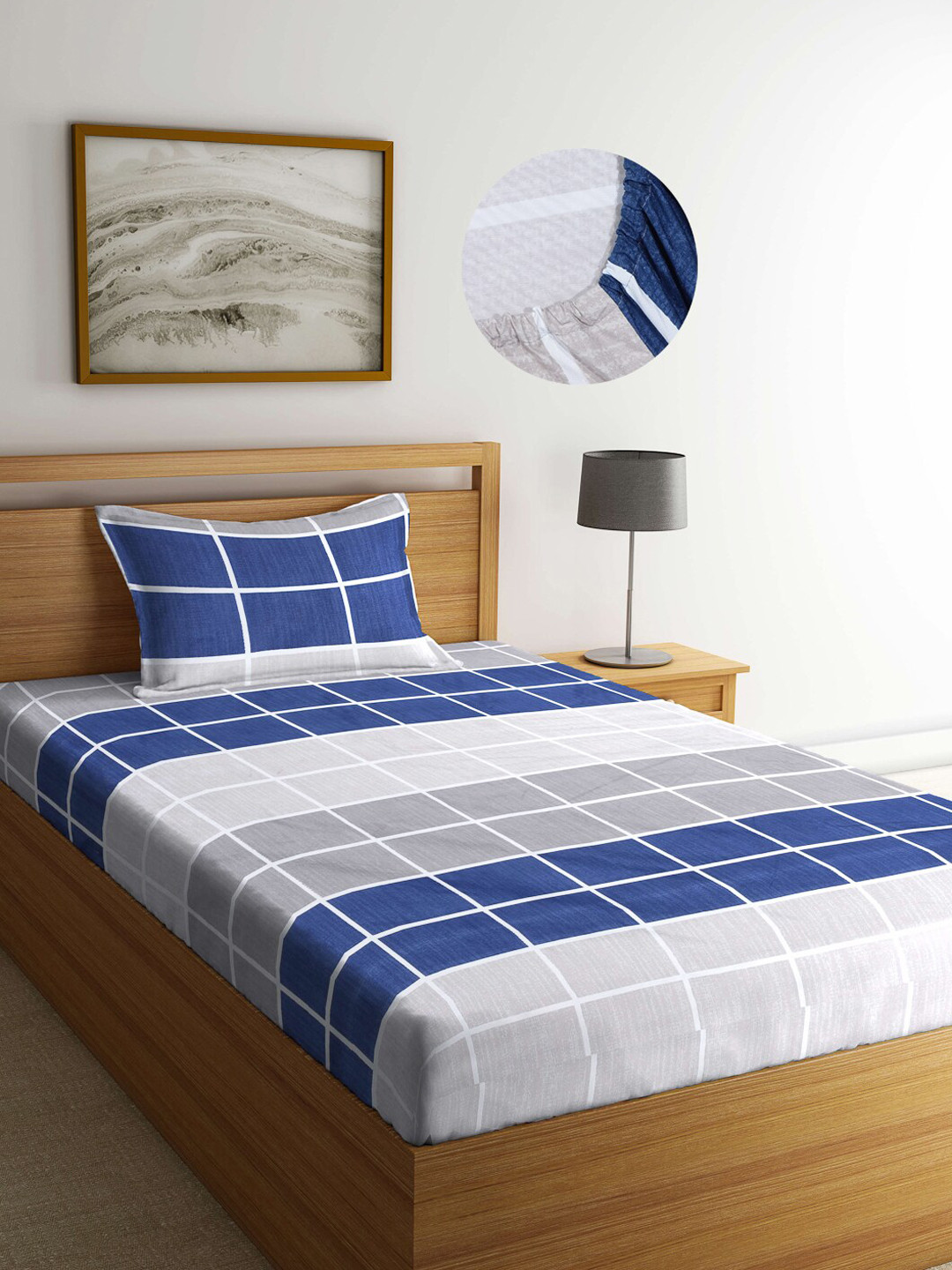Arrabi Mansion Blue Geometric Cotton 300 TC Fitted Single Fine Bedsheet with a Pillow Cover-250 x 225 cm