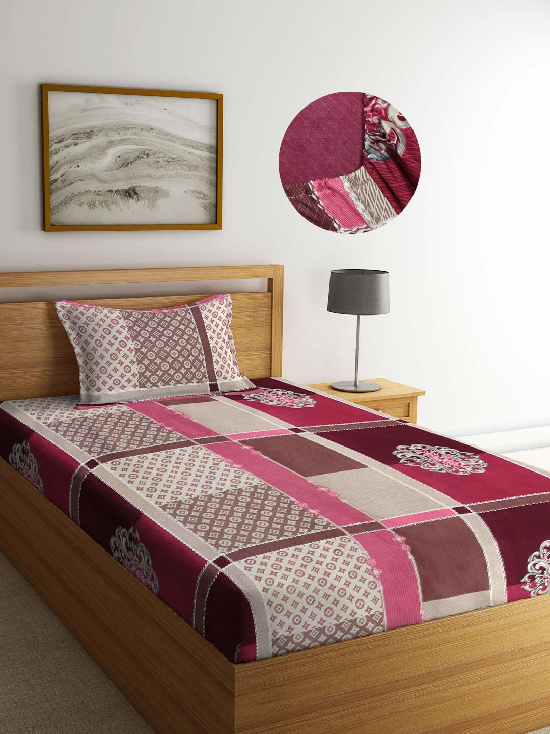 Arrabi Multicoloured Ethnic Motifs Cotton Skin-Friendly 300 TC Fitted Single Fine Bedsheet with a Pillow Cover-150 x 150 cm