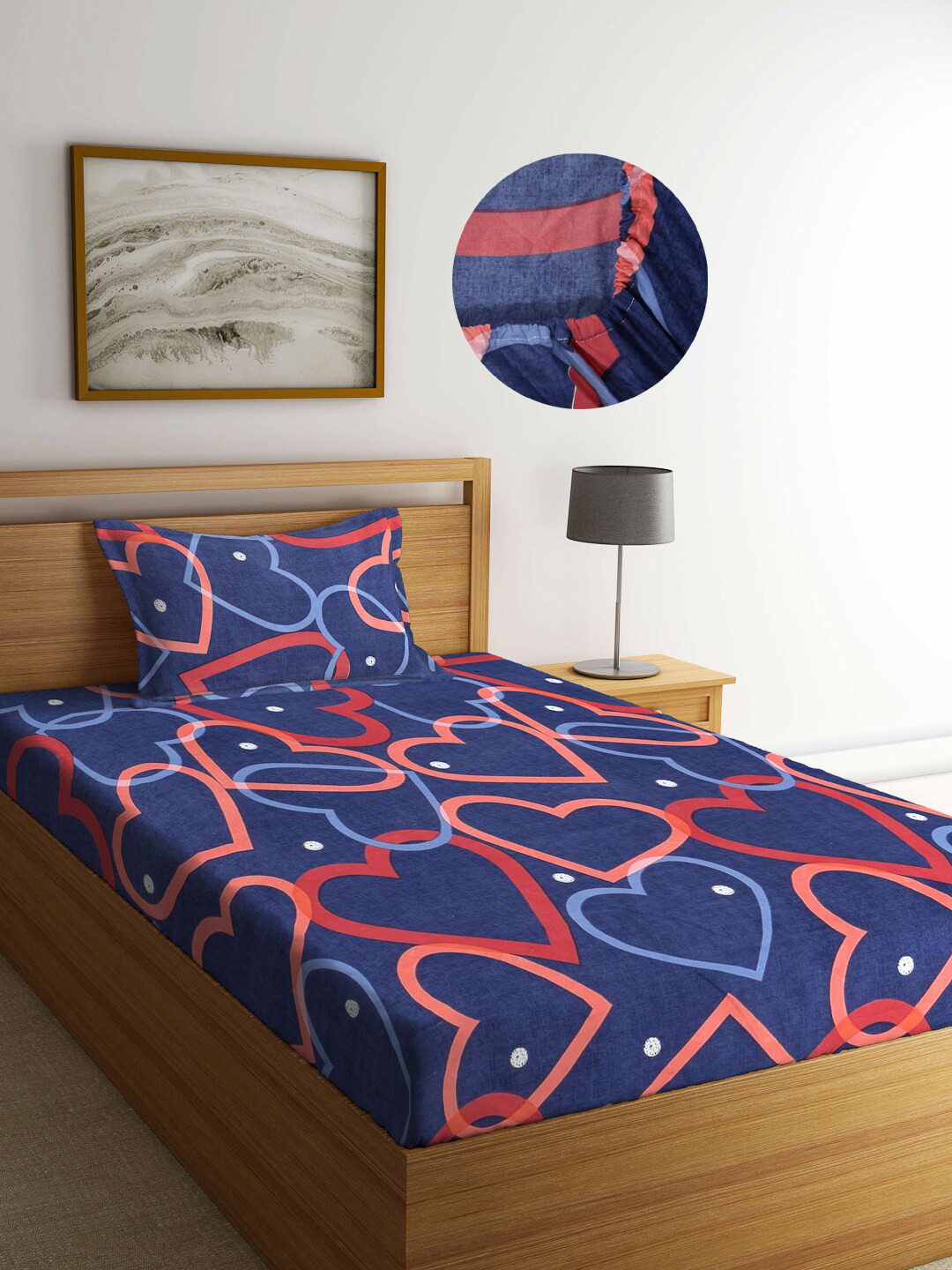 Arrabi Blue Graphic 300 TC Single Bedsheet with 1 Pillow Covers