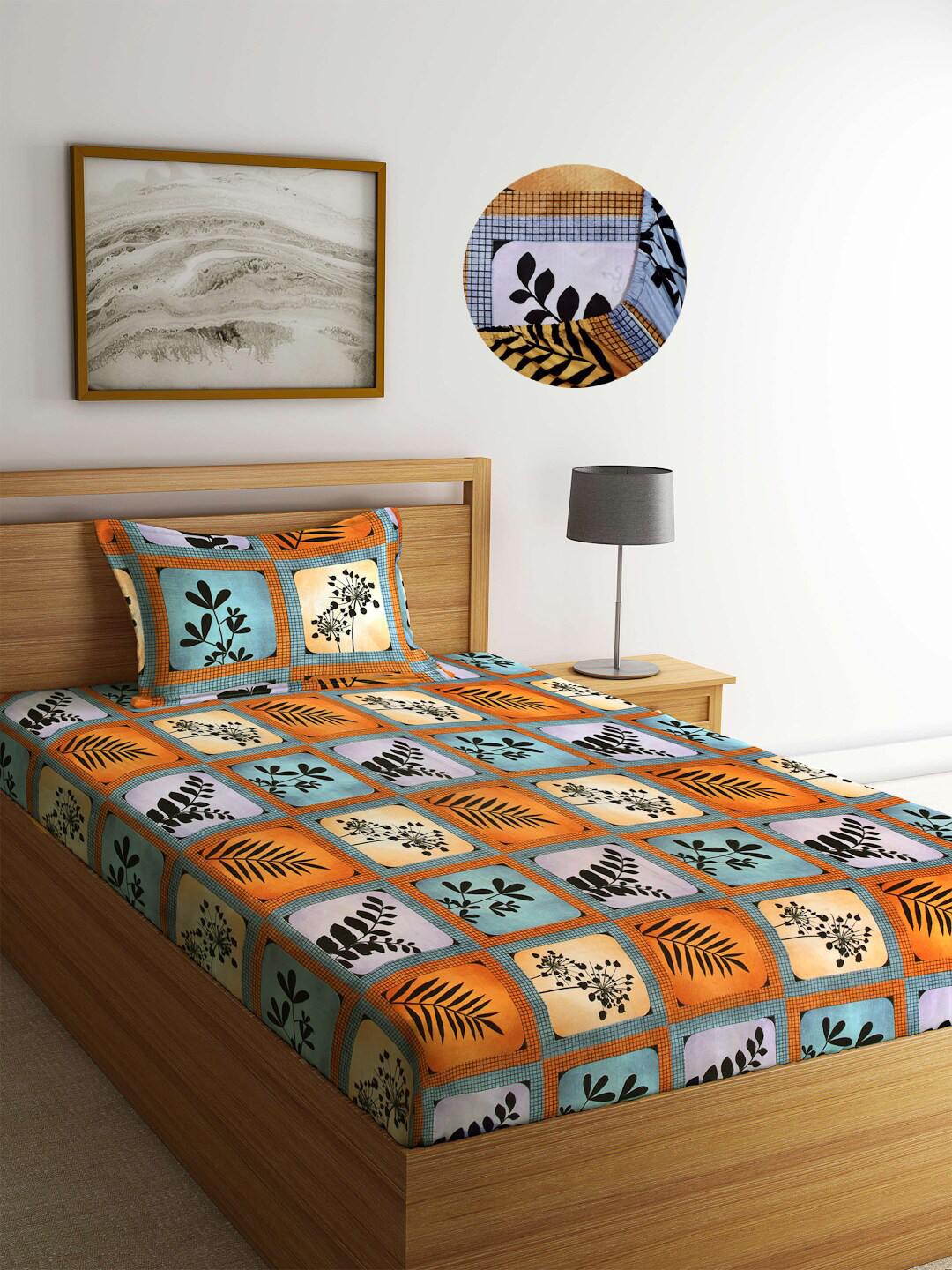 Arrabi Orange & Blue Floral Printed 300 TC Single Bedsheet with 1 Pillow Covers