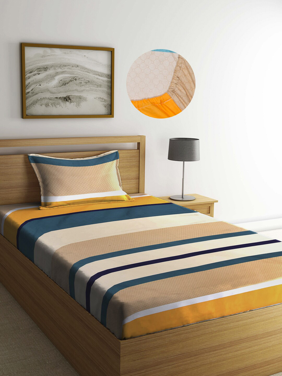Arrabi Beige Striped Polycotton Skin-Friendly 300 TC Fitted Single Fine Bedsheet with a Pillow Cover-87 x 59 inches
