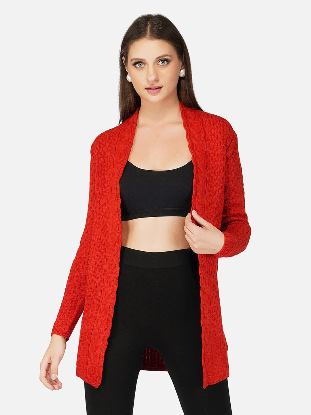 JoE Hazel Women Red Acrylic Cable Knit Shrug