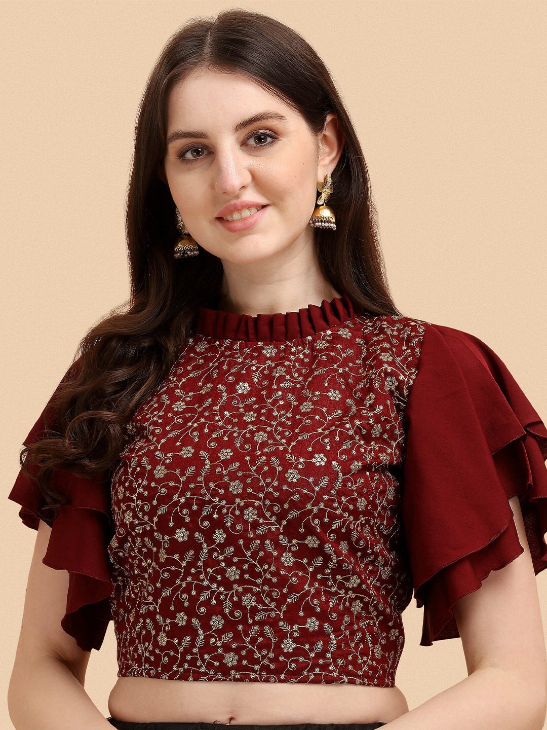 Buy Paralians Maroon & Golden Floral Embroidered Ethnic Crop Top