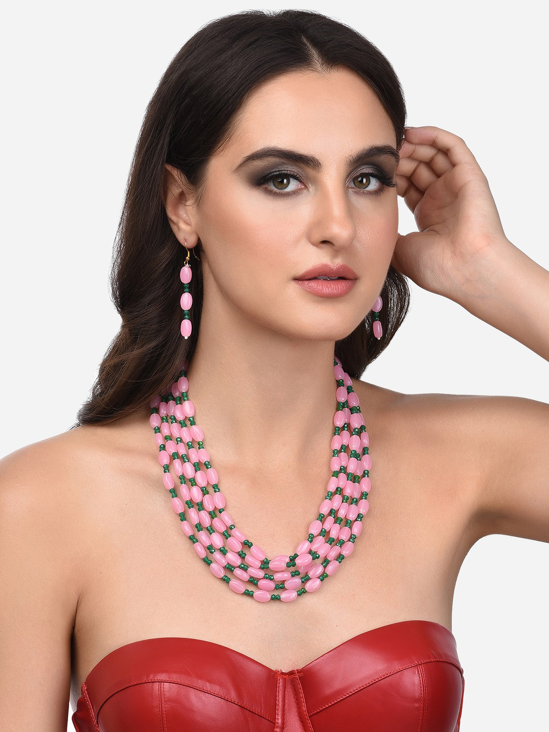 Zaveri Pearls Pink Beaded Multi Layered Jewellery Set