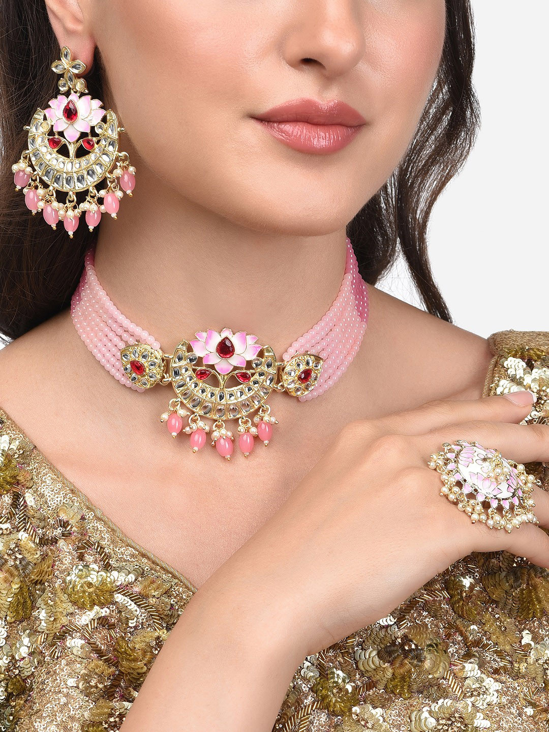 Zaveri Pearls Gold-Plated Pink & White Stone-Studded & Pearl-Beaded Meenakari Jewellery Set