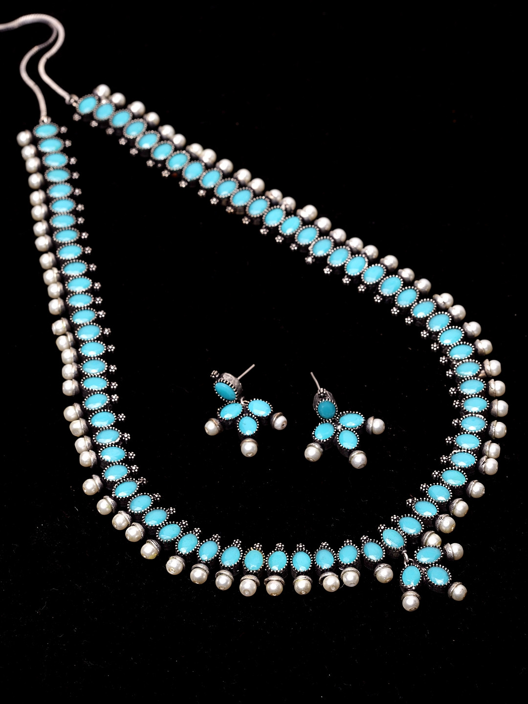 PANASH  Silver-Plated Turquoise Blue Stone-Studded & Beaded Jewellery Set