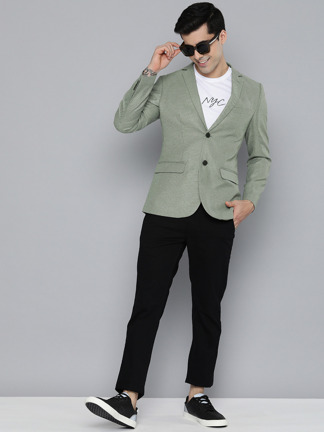 HERE&NOW Men Olive Green Self Design Textured Regular Fit Smart Casual Blazer