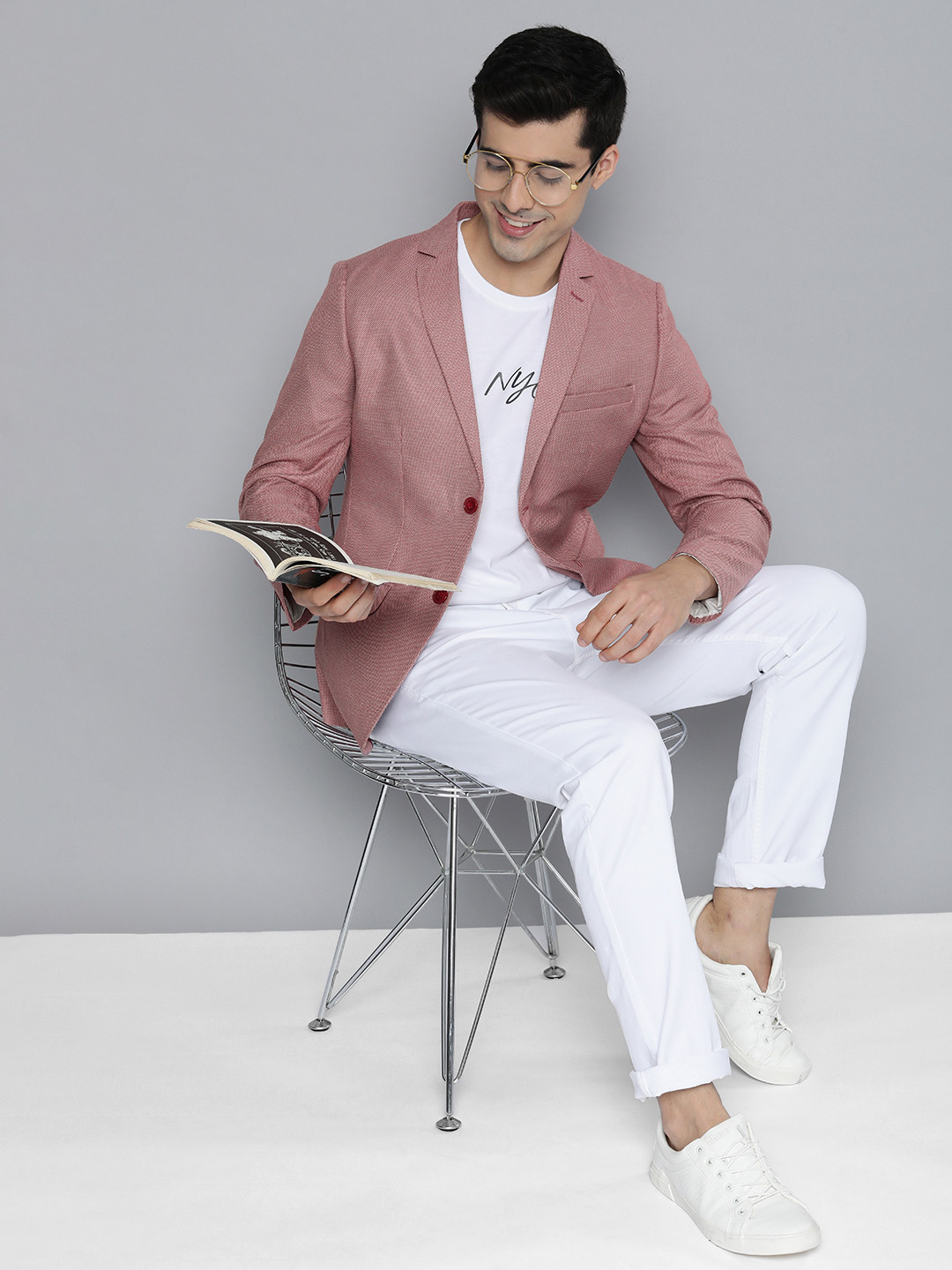 HERE&NOW Men Maroon Textured Regular Fit Smart Casual Blazer