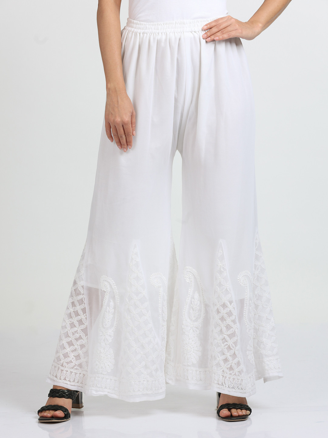 FAWOMENT Women White Chikankari Hand Embroiderd Georgette Sharara Lounge Pants