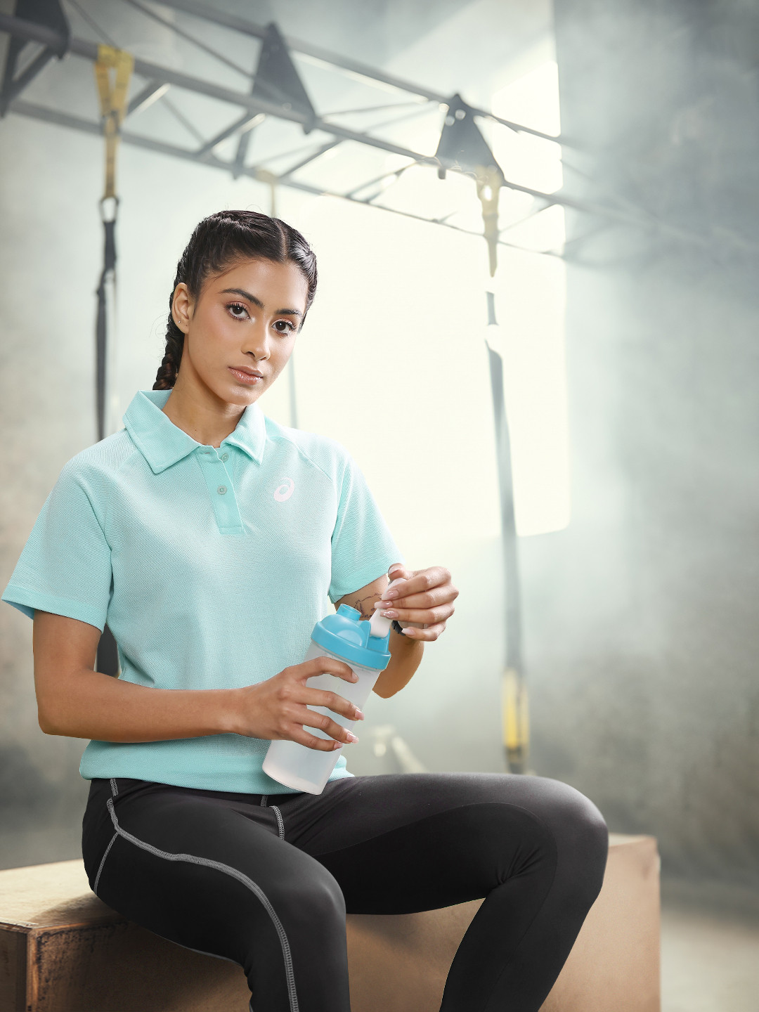 ASICS Women Blue Self Design Polo Collar T-shirt