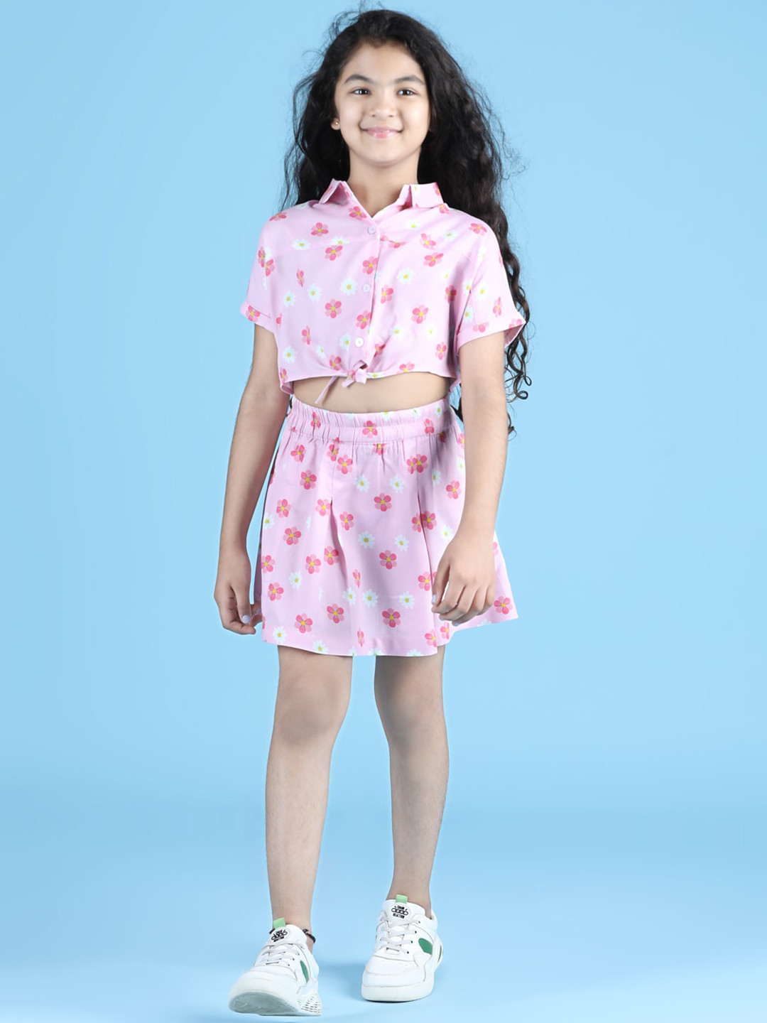 luyk Girls Pink & White Printed Shirt with Skirt