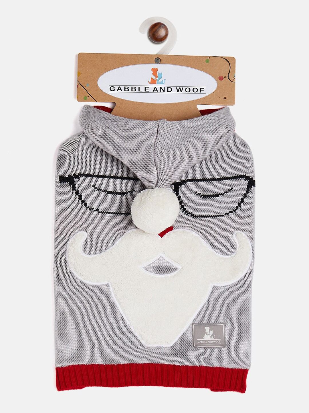 GABBLE & WOOF Grey & Red Printed Pure Cotton Winter Dog Sweater