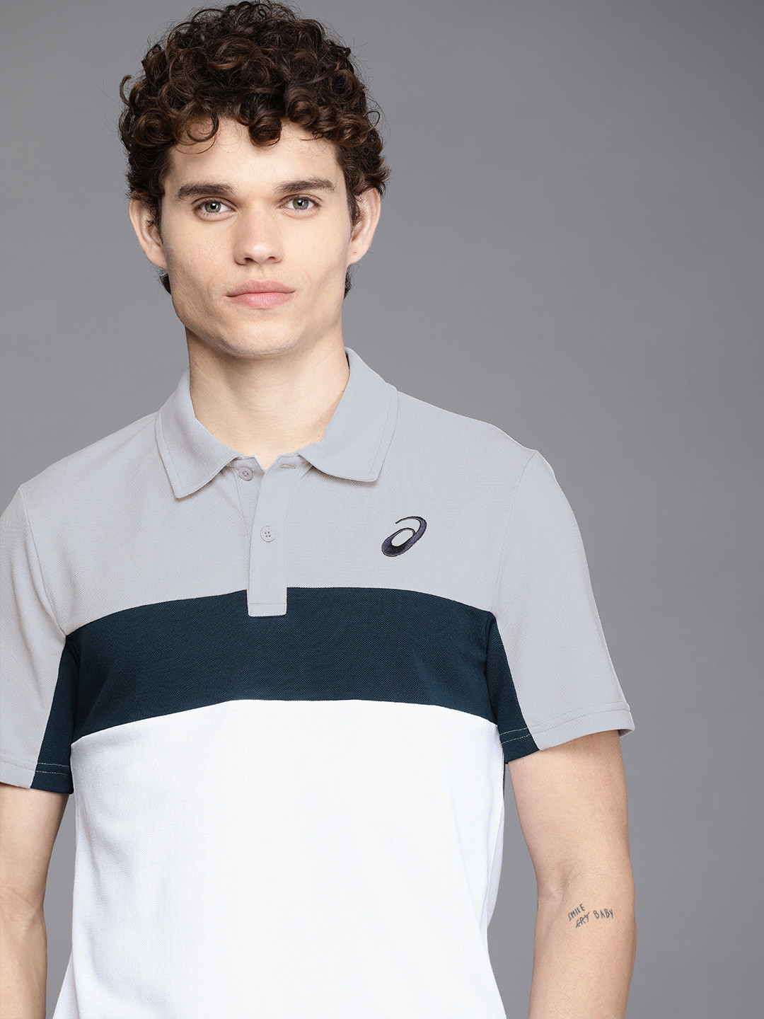 ASICS Men White & Grey Colourblocked Polo Collar T-shirt