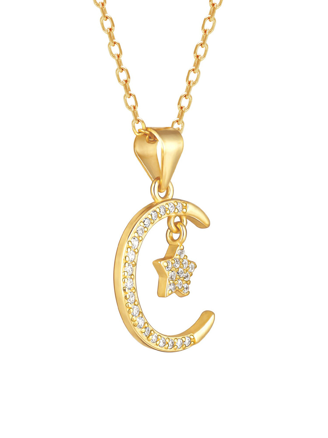 GIVA 18K Gold-Plated CZ Stone-Studded Moon Star Pendant With Link Chain
