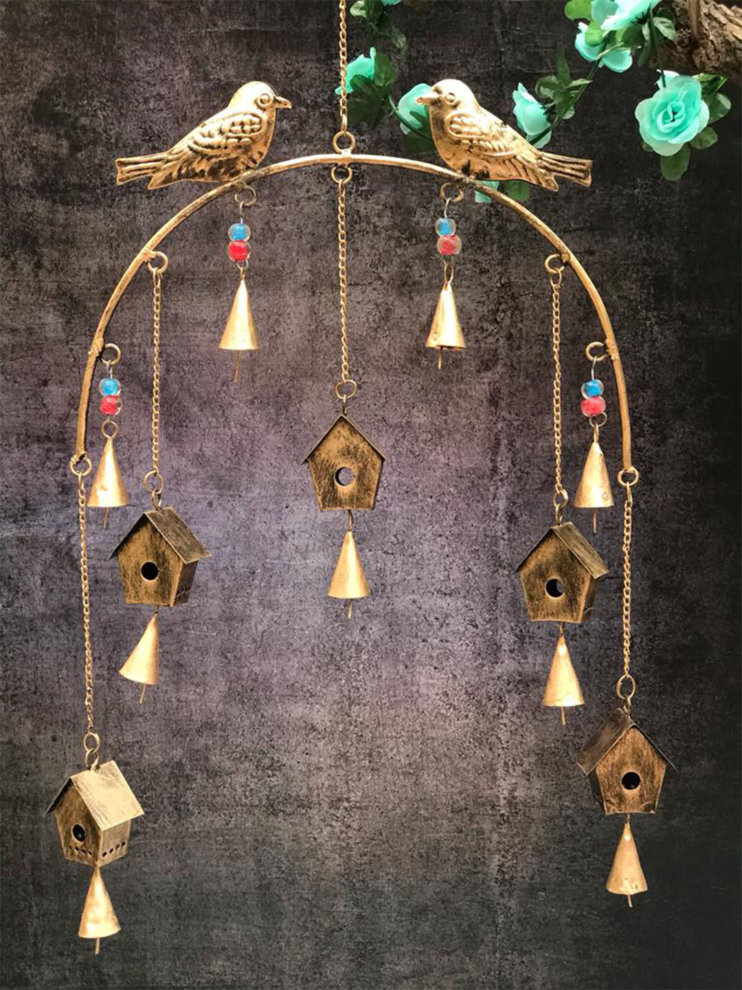 DULI Gold-Toned BirdHouse Design Metal Wall Hanging Windchime with Hanging Bells