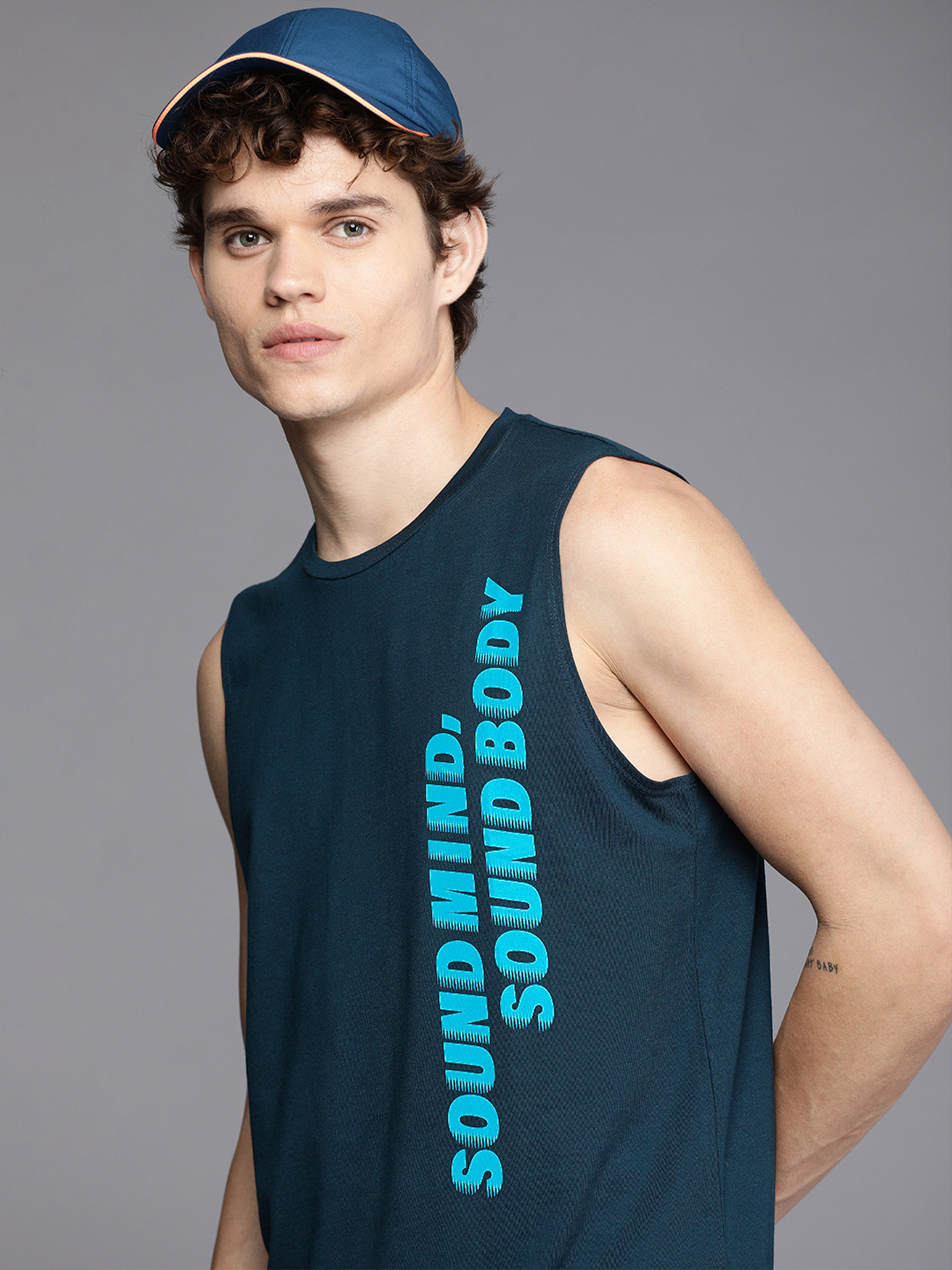 ASICS Men Navy Blue Typography Printed Sleeveless Training T-shirt