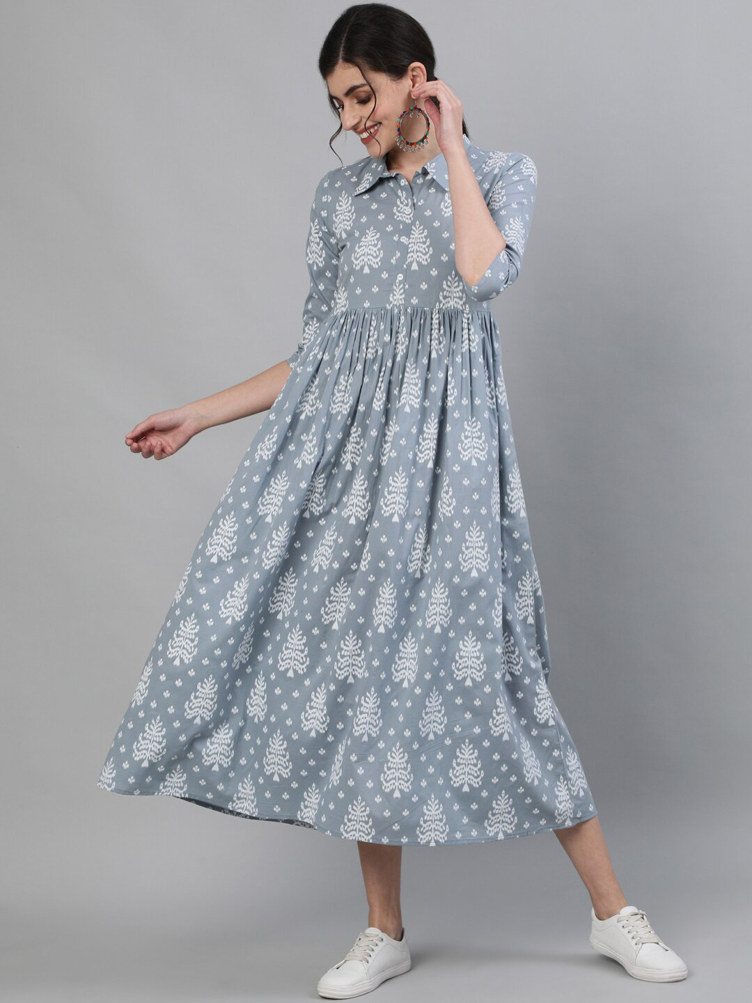 KIMAYRA Grey Ethnic Motifs A-Line Midi Dress